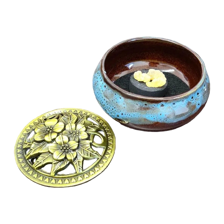 Ceramic Incense Burner Bowl with Floral Lid