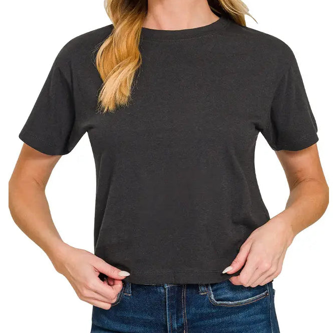 Cotton Crew Neck Short Sleeve Cropped T-Shirt