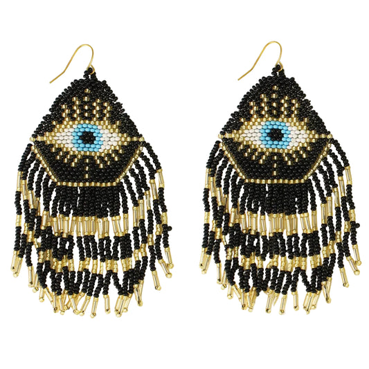 Mystical Eye Seed Bead Fringe Earrings