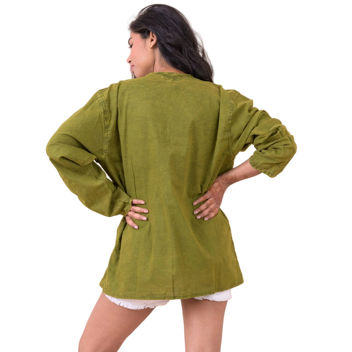 Button V-Neck Shirt, Cotton Acid Wash Long Sleeve