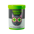 A cylindrical container of Smokey's Stash with a bright green lid and base, a dark gray middle band, and a white lower band. The label features a cartoon cat face with pink ears and green cross eyes, with the text 'SMOKEY'S STASH' and the website 'www.