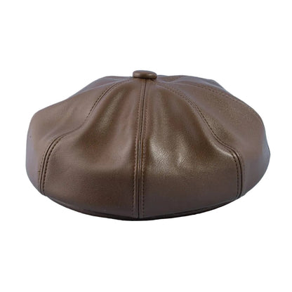 Paneled Vegan Leather Newsboy Cabbie Hat