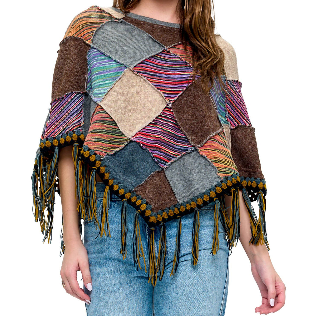 Poncho Boho Patchwork Crochet Details Fringe