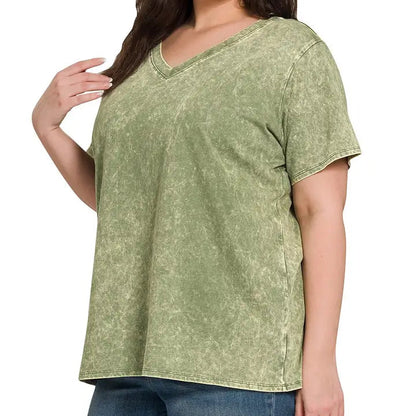 Plus Washed Short Sleeve V-Neck Top