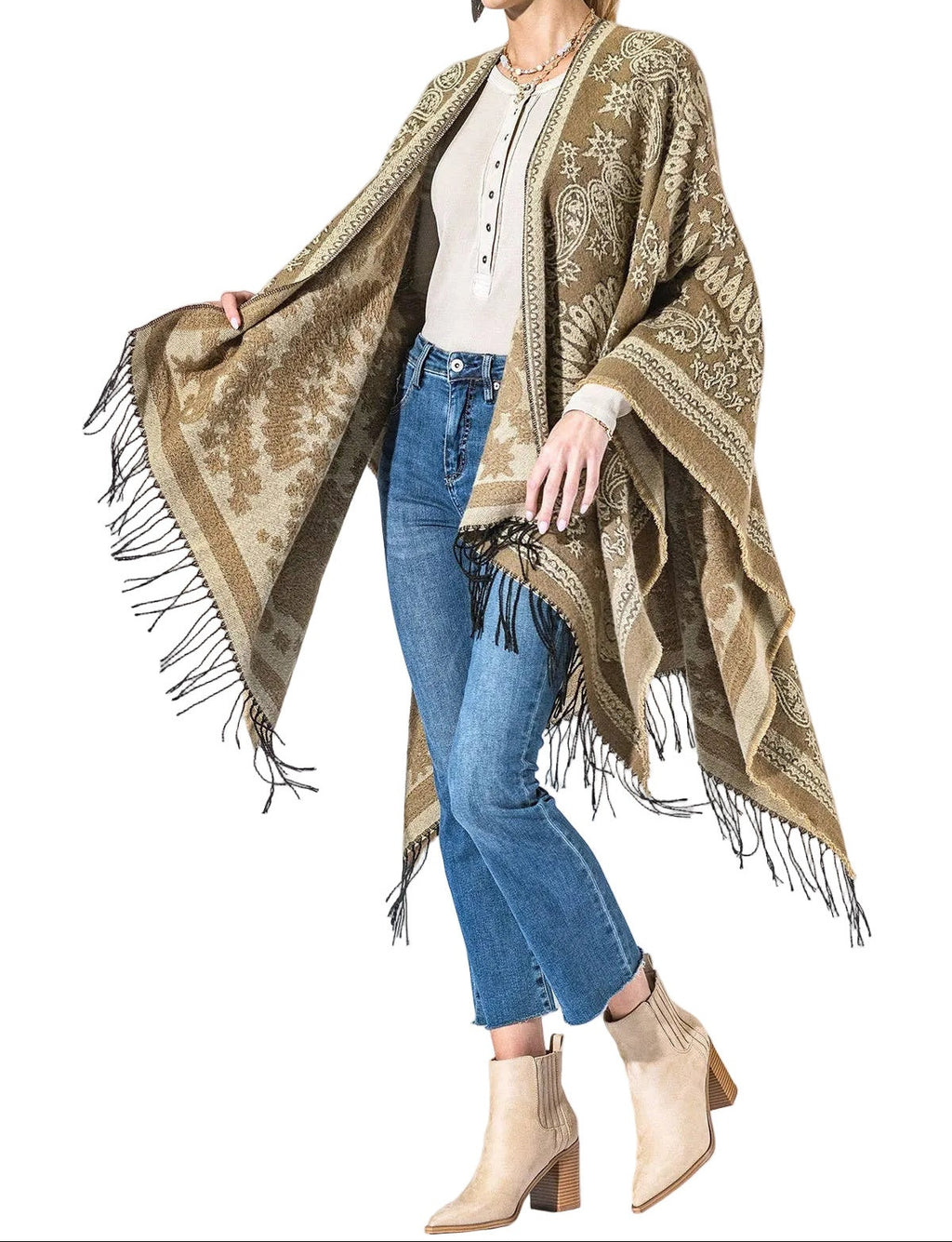 Tan Paisley Fringe Kimono