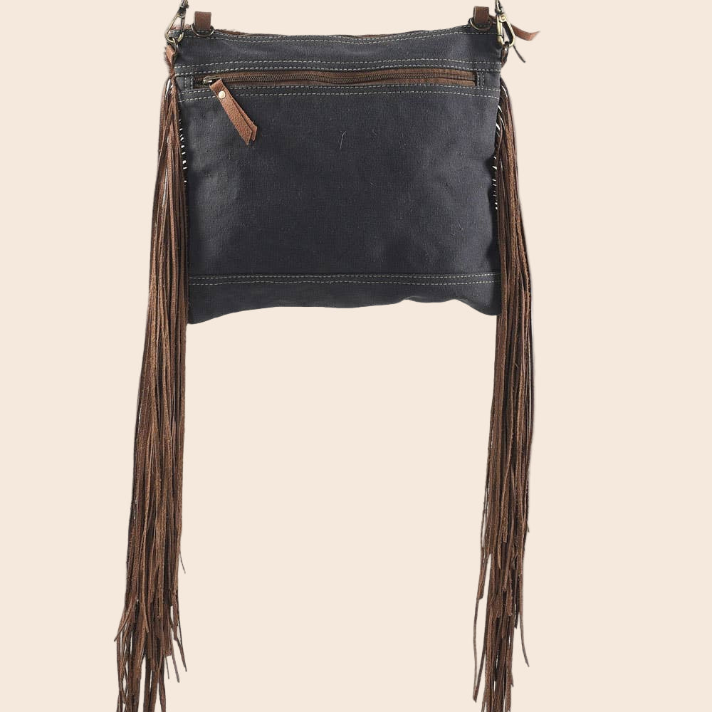 Brown and Blue Crossbody With Fringe Fur and Canvas