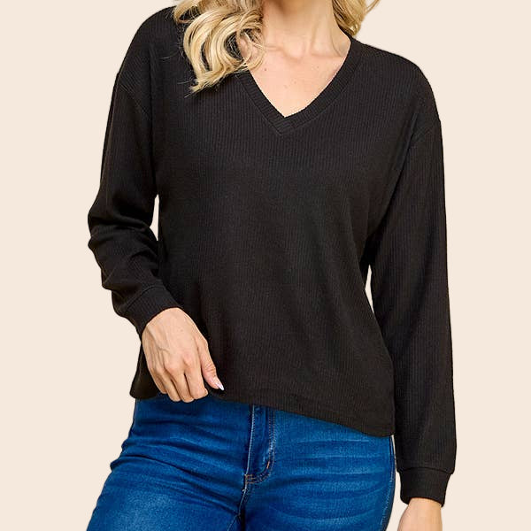 V-Neck Brushed Rib Long Sleeve Top