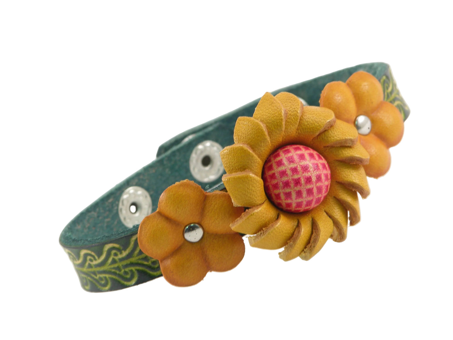 floral-themed leather bracelet with sunflower design on a white background