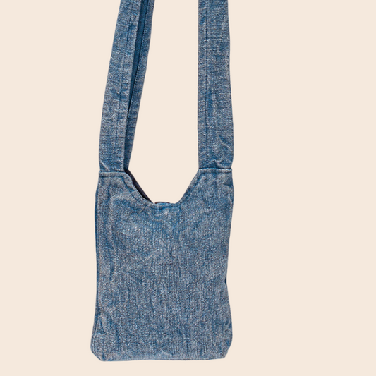 Blue Stonewash Crossbody with Embroidered Sea Turtle Design