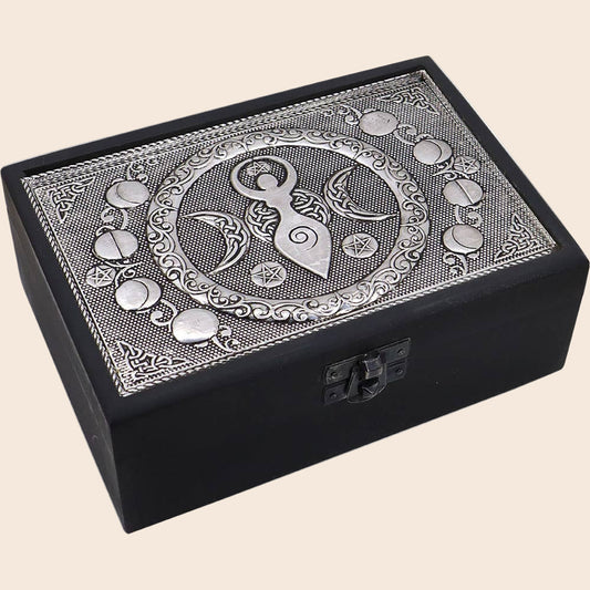 Velvet Lined Metal Top Wooden Box Triple Moon Goddess