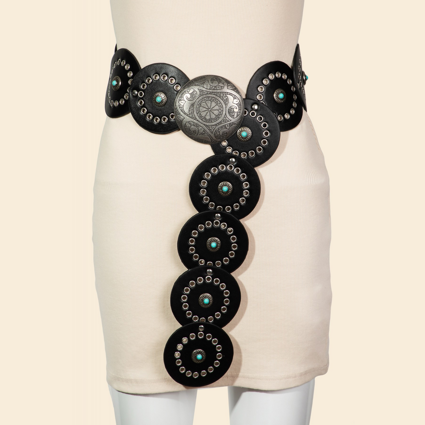 Stone Embellished Faux Leather Disc Belt