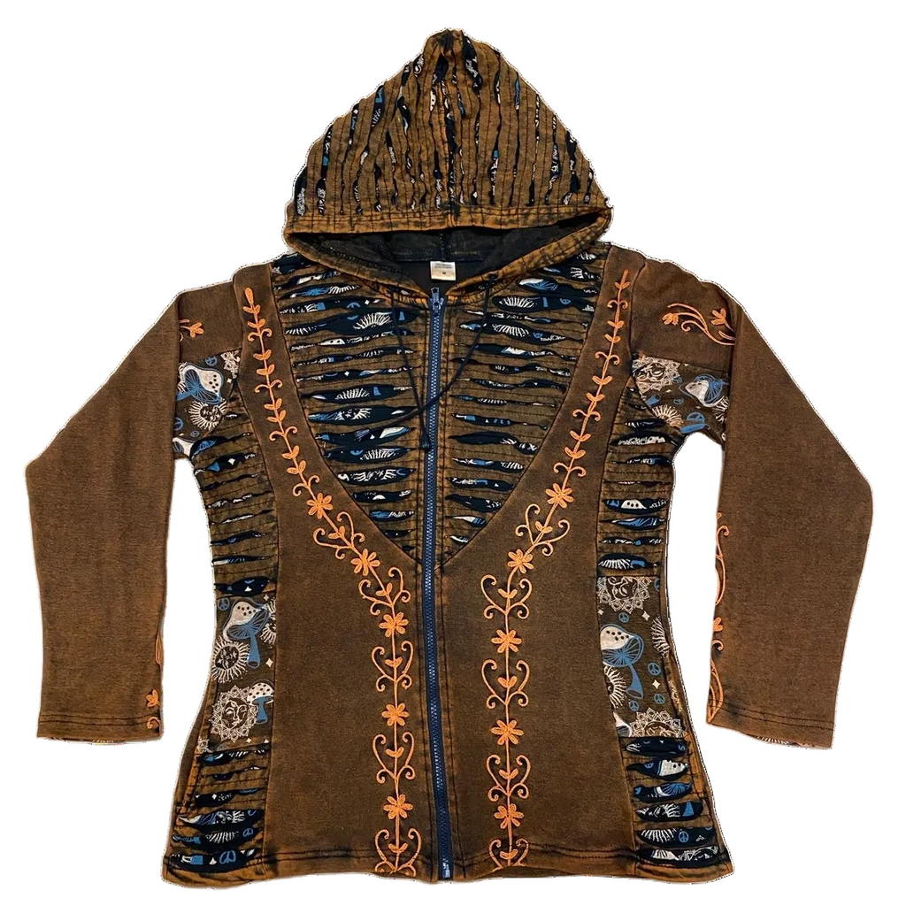 A brown hooded long-sleeve top with a front zipper, featuring orange embroidered floral patterns down the center and along the sleeves, and blue patterned panels on the sides.