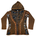 A brown hooded long-sleeve top with a front zipper, featuring orange embroidered floral patterns down the center and along the sleeves, and blue patterned panels on the sides.