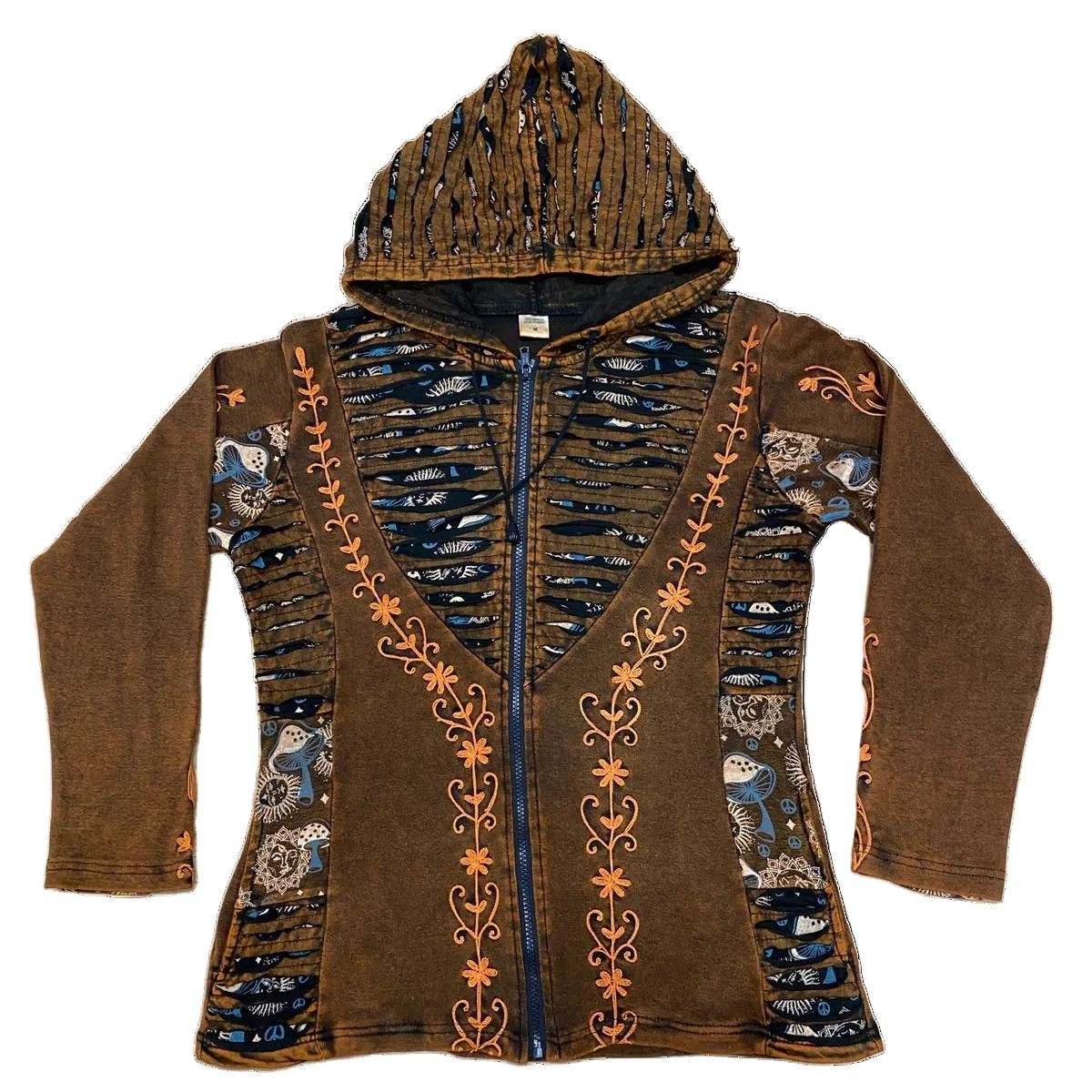 A brown hooded long-sleeve top with a front zipper, featuring orange embroidered floral patterns down the center and along the sleeves, and blue patterned panels on the sides.