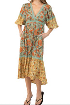 Floral Print Lace Trim Midi Dress