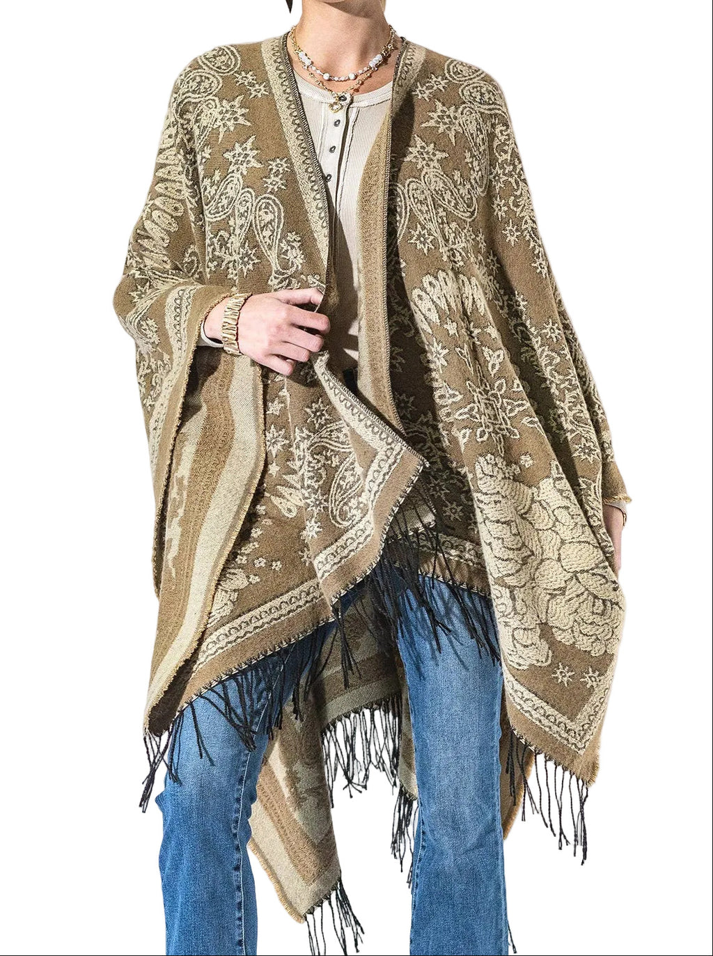 Tan Paisley Fringe Kimono