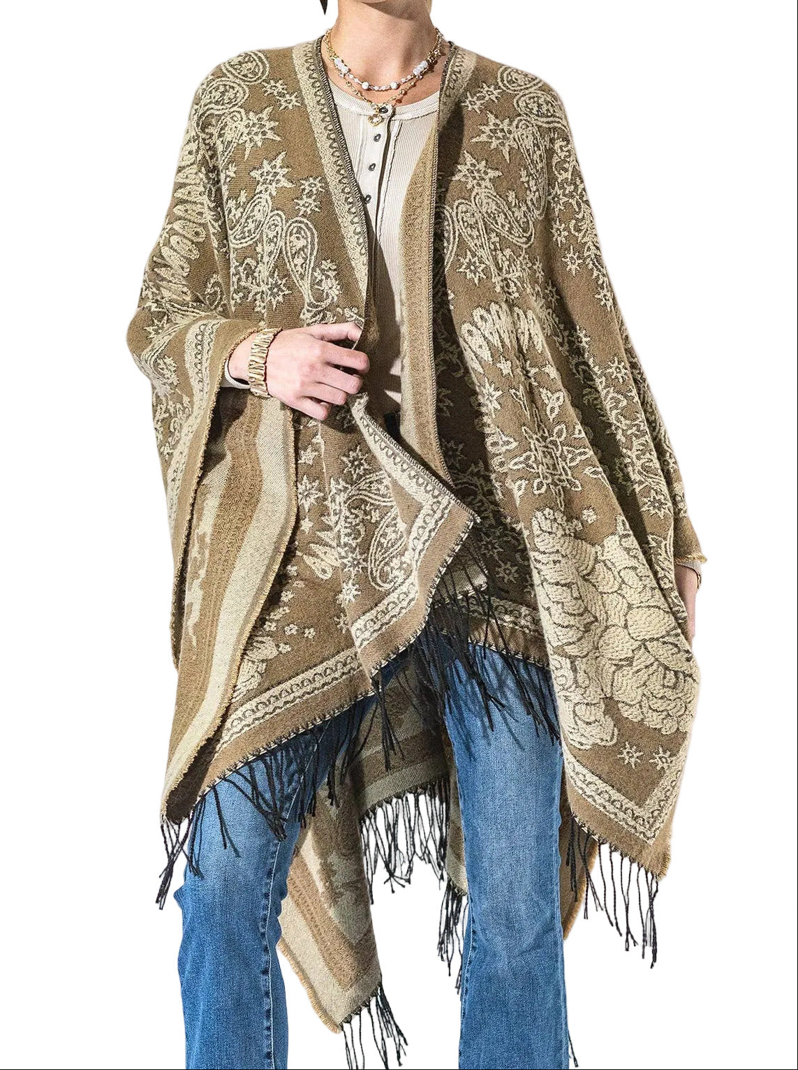 Tan Paisley Fringe Kimono