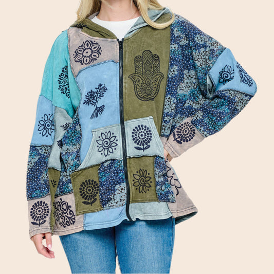 Jacket Zip-up Patchwork Hand Printed