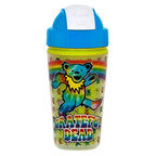 A colorful Grateful Dead tie-dye sippy cup with a dancing bear design on it.