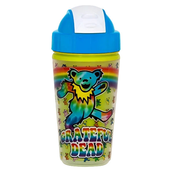 A colorful Grateful Dead tie-dye sippy cup with a dancing bear design on it.