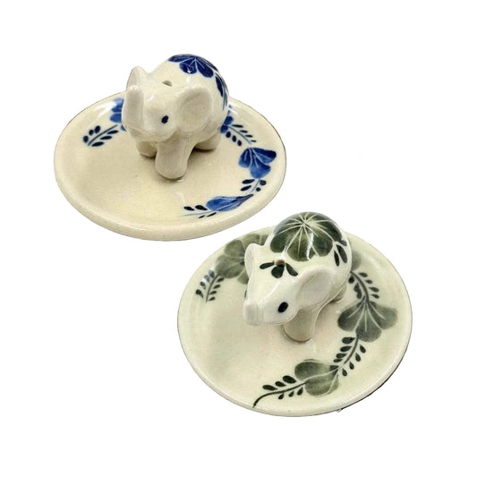 Elephant Floral on Round Ceramic Incense Holder