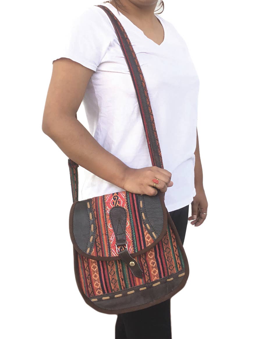 Tribal Cotton and Leather Messenger Bag