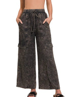 Washed Linen Elastic Waist Cargo Pants