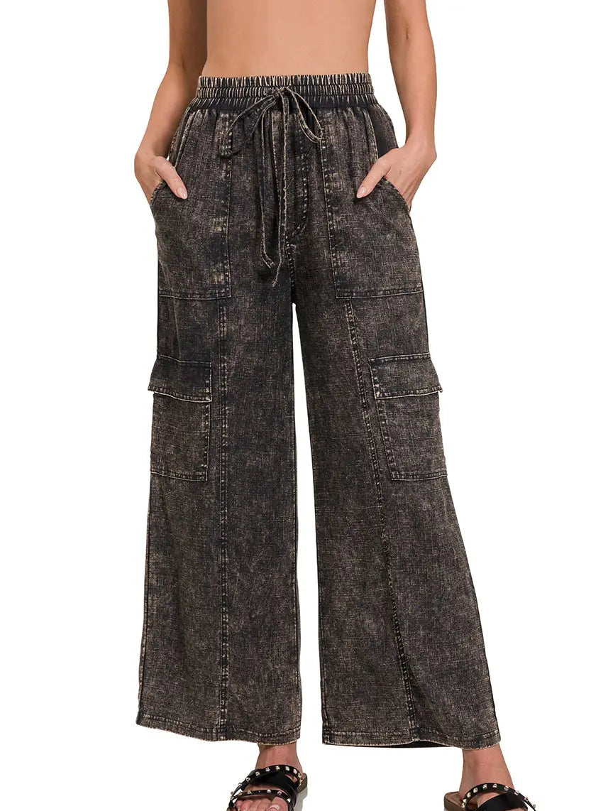 Washed Linen Elastic Waist Cargo Pants