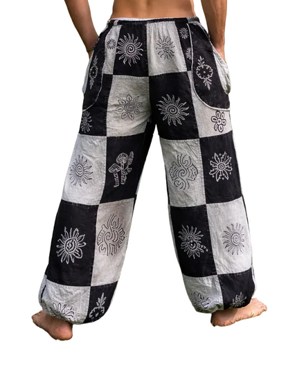 Gray Checkered Printed Patchwork Pants