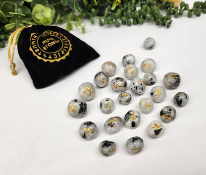Rainbow Moonstone Rune Sets with Velvet Pouch and Grid