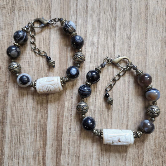 Carved Coral and Banded Agate Bracelet
