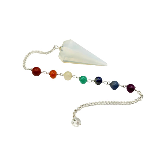 Opalite Pendulum w/Chakra Gemstone Beads-Silver Plate Chain
