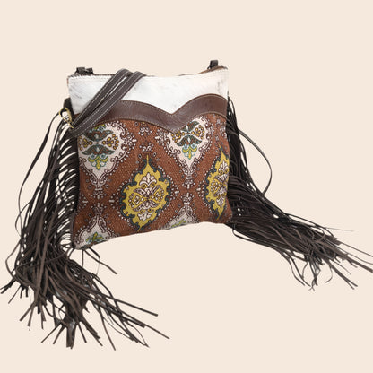 Brown Crossbody With Fring Fur Canvas And Zipper Closure