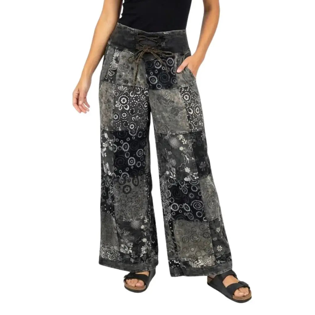 Palazzo Patchwork Pants w/ Lace-up Waistband