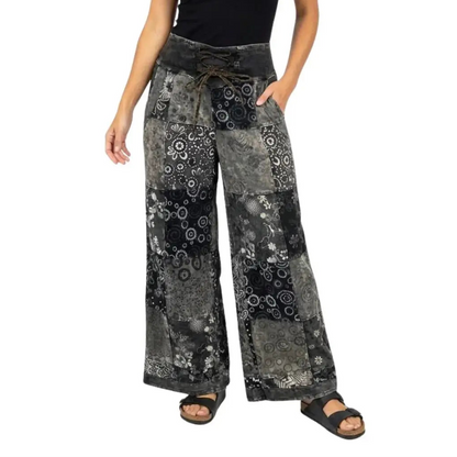 Palazzo Patchwork Pants w/ Lace-up Waistband