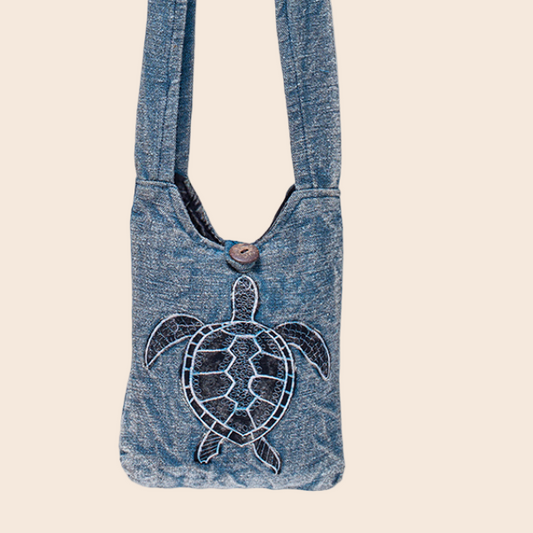 Blue Stonewash Crossbody with Embroidered Sea Turtle Design