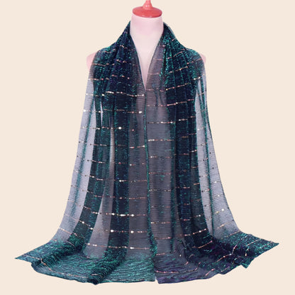 Sheer Solid Color Sparkling Metallic Line Patterned Scarf