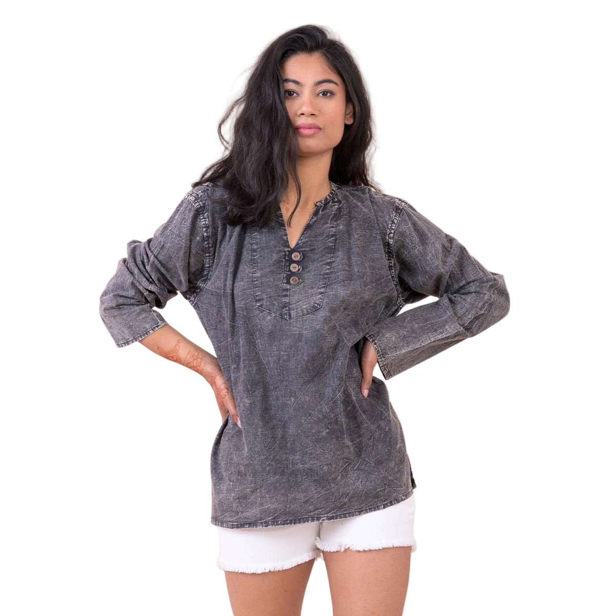 Button V-Neck Shirt, Cotton Acid Wash Long Sleeve