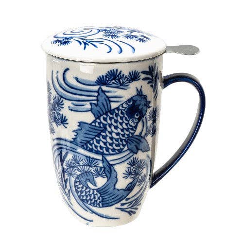 Koi Fish Design 15oz Tea Mugs with Lid and Infuser for Loose Leaf Tea
