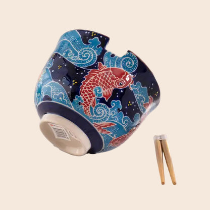 Koi Fish Design 18oz 5.25"D Bowl With Chopsticks Set