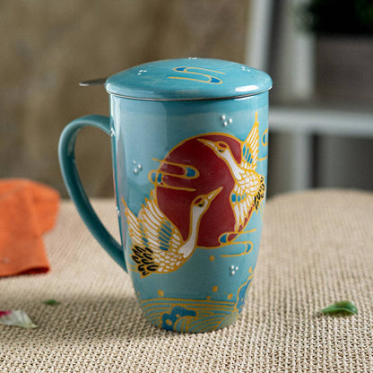 Japanese Crane Design 15oz Tea Mugs with Lid and Infuser for Loose Leaf Tea