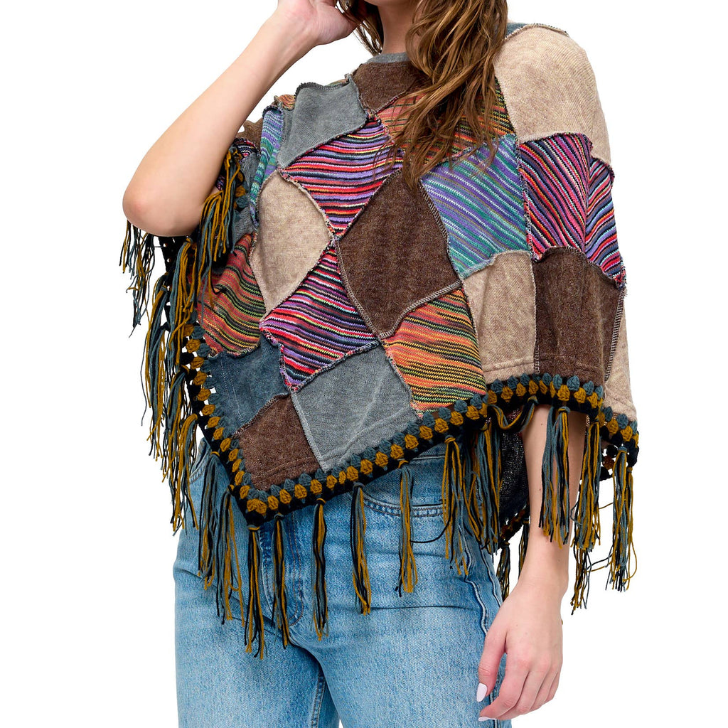 Poncho Boho Patchwork Crochet Details Fringe