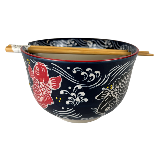 24oz 6"Dx4"H Noodle Bowl With Chopsticks Set Koi Fish Design