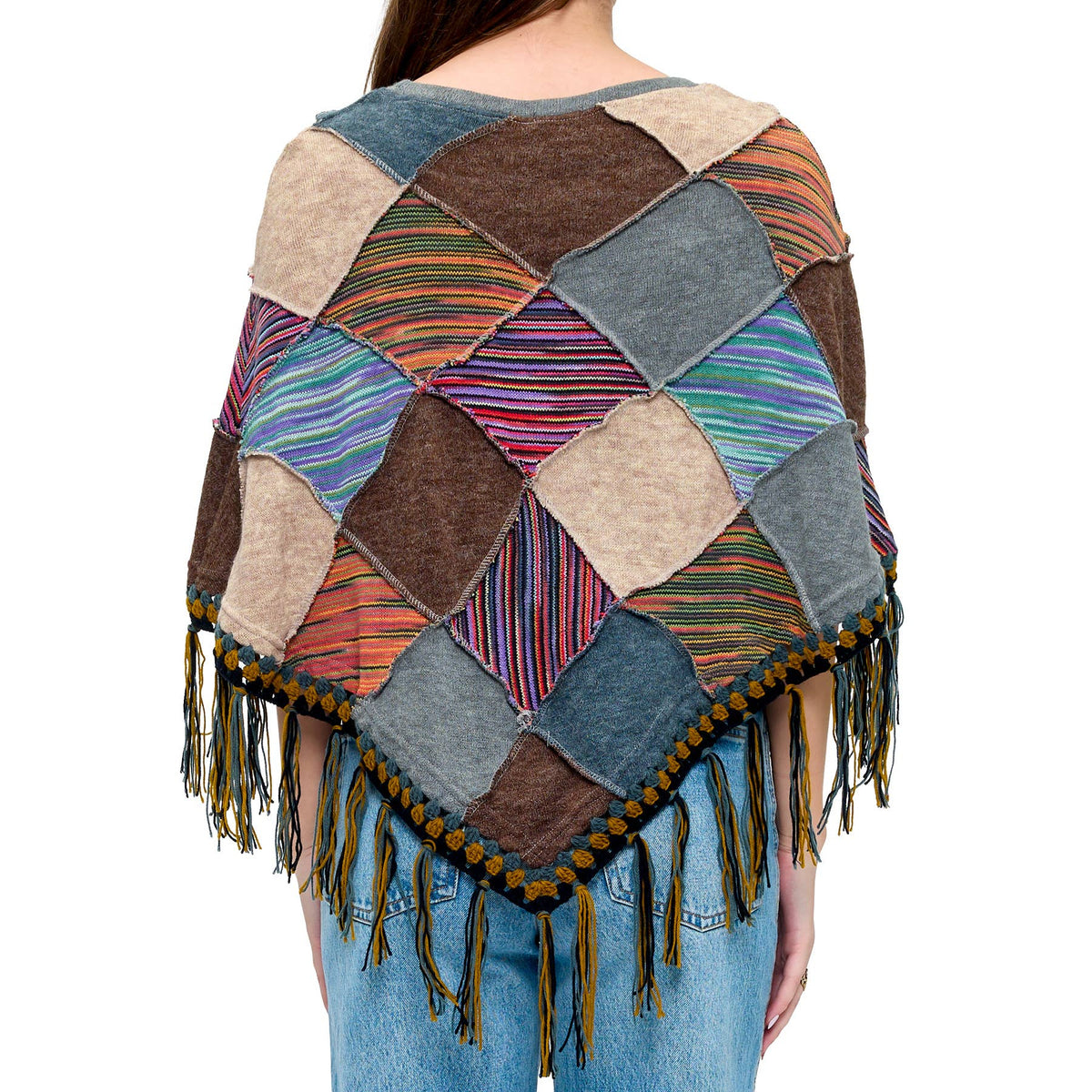Poncho Boho Patchwork Crochet Details Fringe
