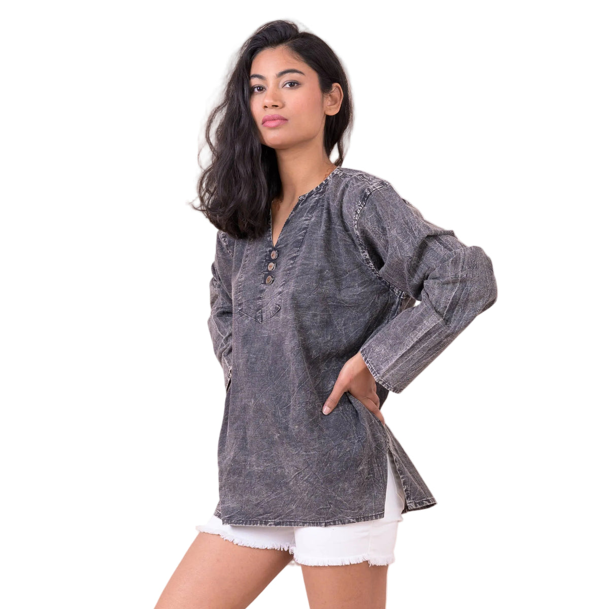 Button V-Neck Shirt, Cotton Acid Wash Long Sleeve