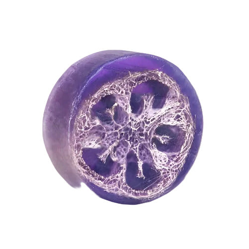 Purple soap bar with a decorative design on a white background