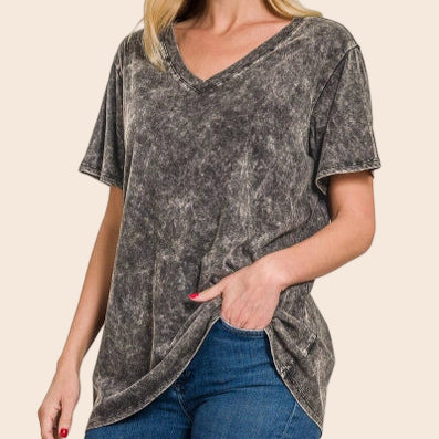 Washed Cotton Short Sleeve Top V-Neck
