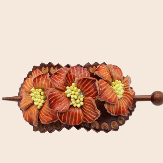 Handmade Leather Barrette Orange Floral