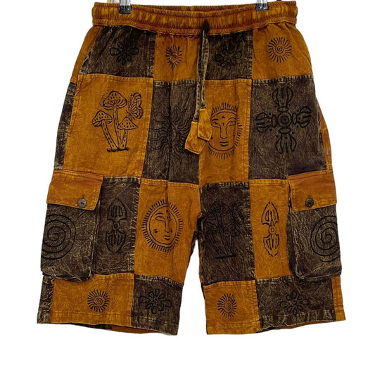 Brown Patchwork Block Print Shorts