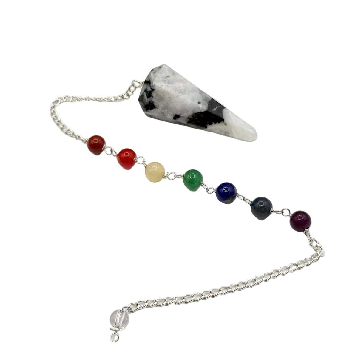 Rainbow Moonstone Pendulum w/Chakra Beads-Silver Plate Chain